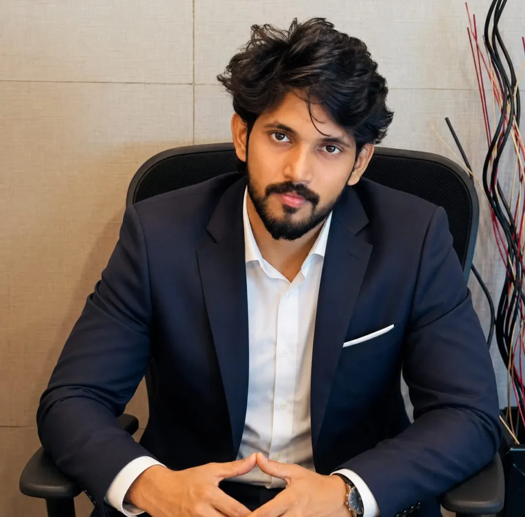 Professional portrait of a freelance digital marketing analyst in Ernakulam sitting confidently in an office.